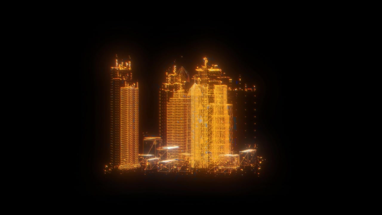 詳情圖-未來的全息城市旋轉(zhuǎn)在屏幕中央，孤立在黑色背景4K包3剪輯在一個