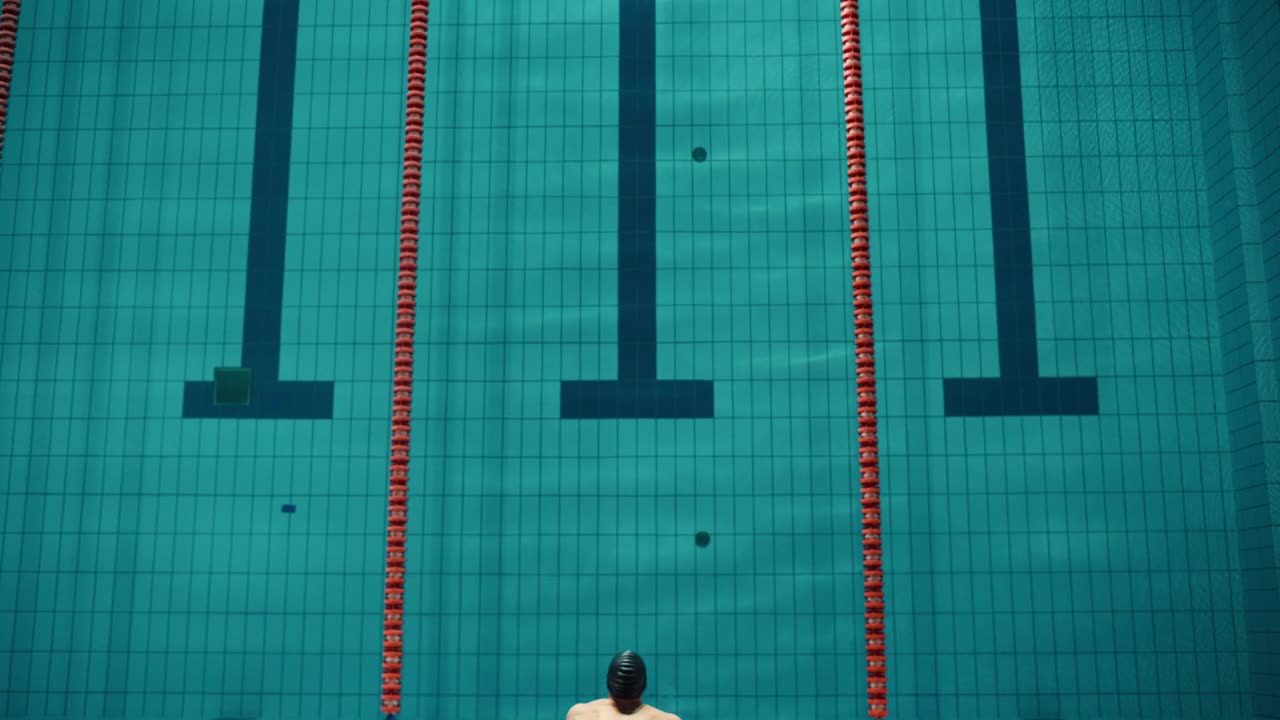 詳情圖-鳥瞰圖:肌肉男游泳運動員在游泳池跳水。專業(yè)運動員優(yōu)雅的跳躍，游泳自由式，訓(xùn)練決心贏得冠軍。電影般的慢動作，時尚的色彩