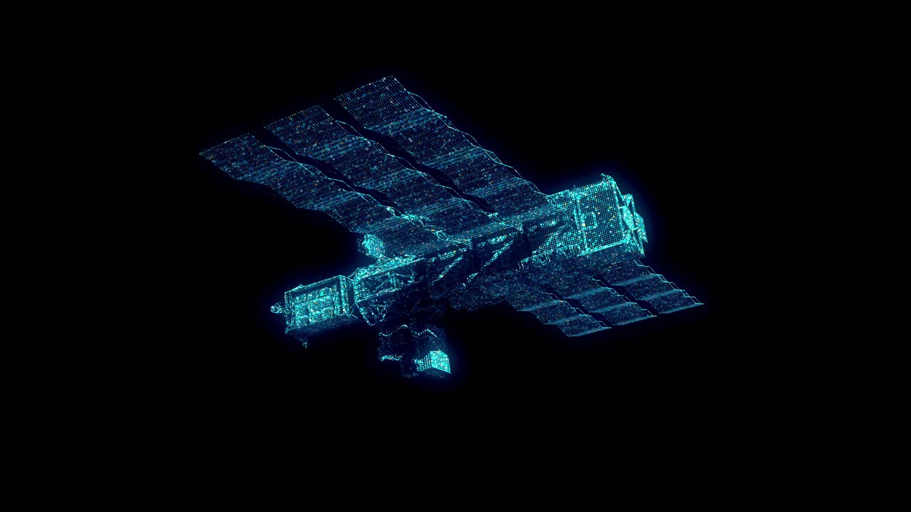 一个数字三维模型的卫星可视化使用数字粒子和点。数字卫星模板是理想的创建一个未来的hud控制面板或仪表盘。