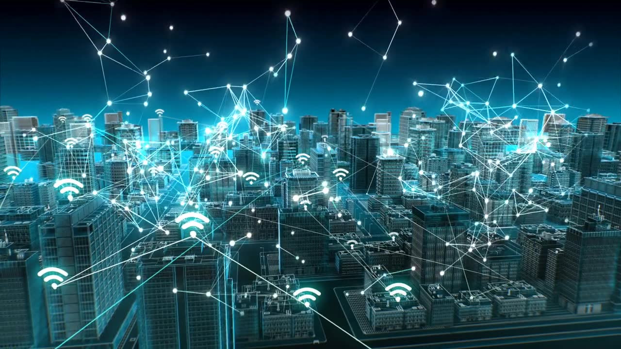 详情图-智能城市上的各种智能传感器图标，连接“云”物联网技术。蓝色x射线鸟瞰图。4,k动画。