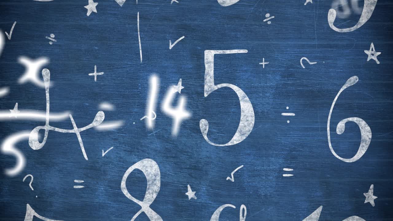 以蓝色背景上的数学符号为背景的多个学校概念图标的数字动画