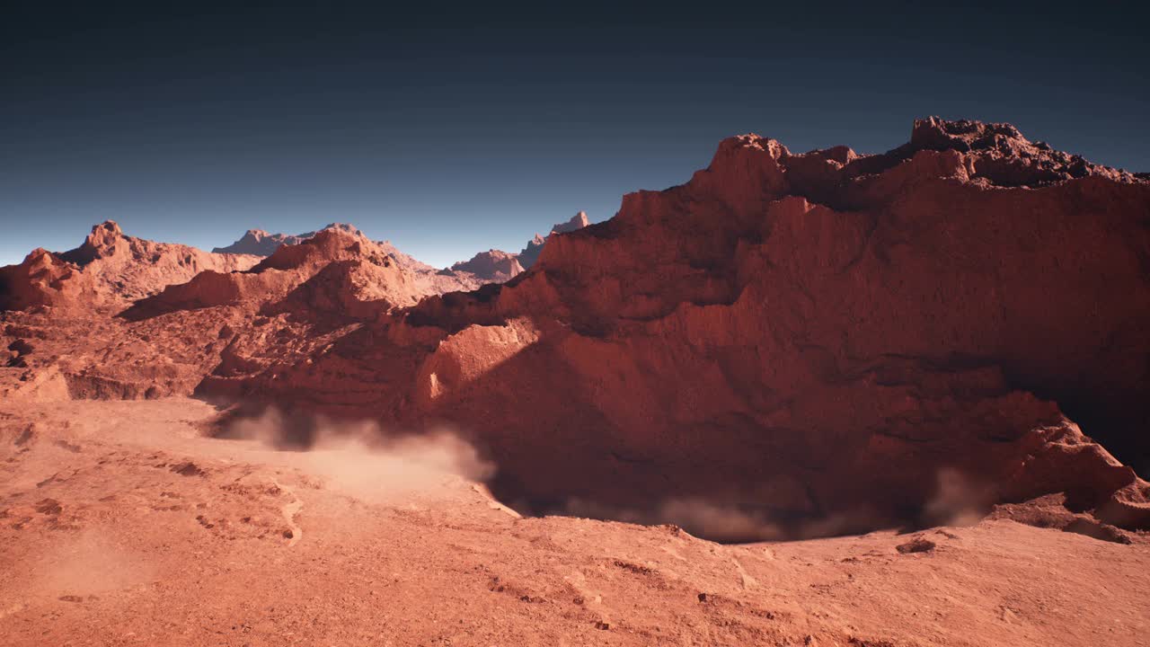 一位勇敢的宇航员走过荒芜的红色星球火星。宇航员火星人殖民并探索火星。循环动画是为未来主义，科幻，太空旅行而设计的。太空旅行的概念。