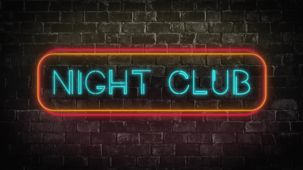 4K夜总会霓虹灯文字标识风格闪烁。许多运动动画