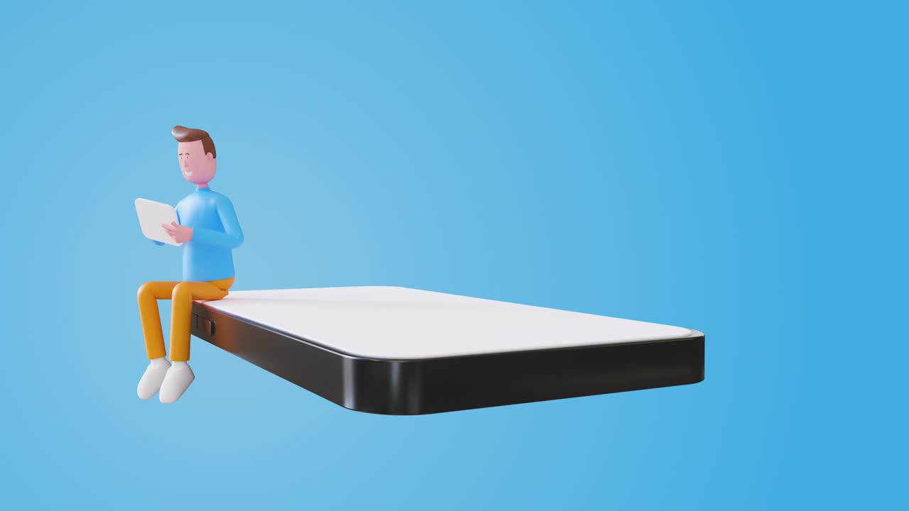 3d动画使用平板触摸屏在大智能手机。用于推广或文字和图形的复制空间。通道哑光组成。理念:购物、投资、经营。