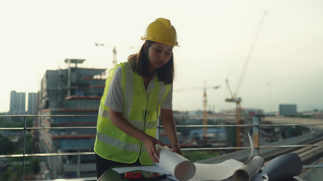 建筑工程师在工地检查进度。