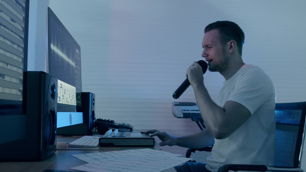 中景-年轻的白人男性音乐作曲家在彩色灯光的背景下，在录音棚愉快地创作他的乐谱。