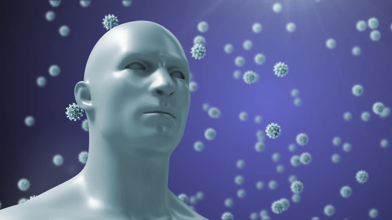 人的头部变成红色，新冠病毒细胞漂浮在紫色背景上的动画
