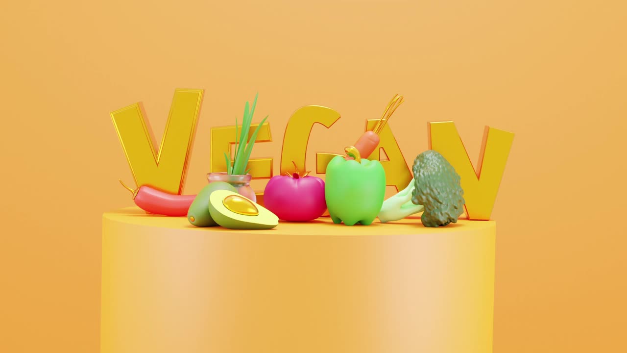 3 d动画。蔬菜放在圆筒上。素食3d字母在黄金。素食者的概念。健康的生活方式的概念