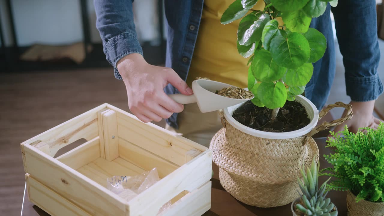 詳情圖-Close,up老公親手在家中花盆里種植小樹，室內(nèi)花園居家隔離的理念