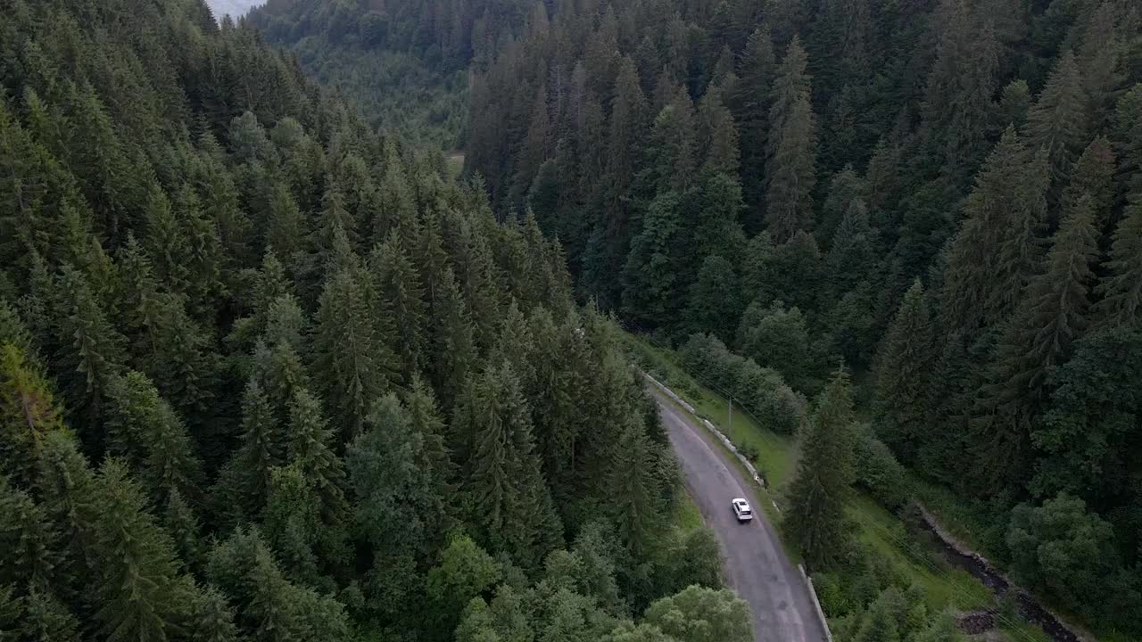 在喀尔巴阡山脉的山路上行驶的公共汽车