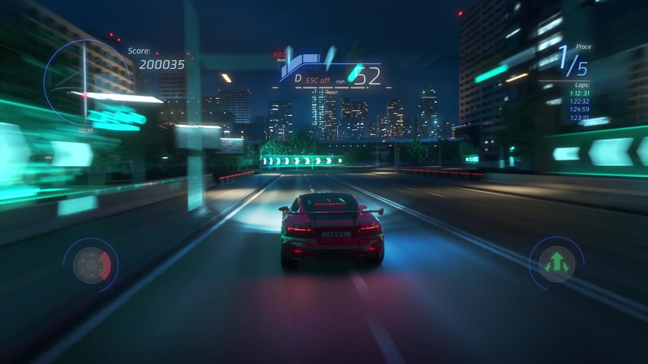 詳情圖-帶有界面的賽車模擬器視頻游戲的玩法。計(jì)算機(jī)生成的3D汽車在現(xiàn)代城市的夜間高速公路上快速行駛和漂移。視效動(dòng)畫。第三人稱視角。