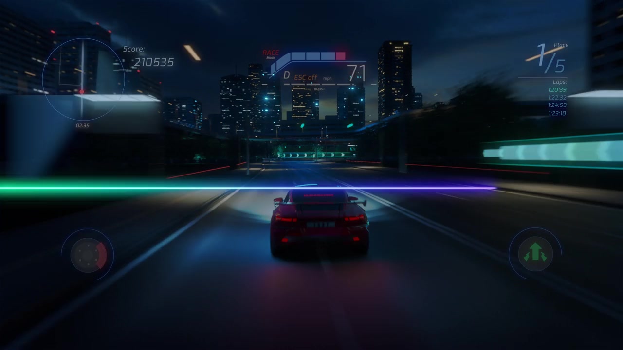 詳情圖-帶有界面的賽車模擬器視頻游戲的玩法。計(jì)算機(jī)生成的3D汽車在現(xiàn)代城市的夜間高速公路上快速行駛和漂移。視效動(dòng)畫。第三人稱視角。