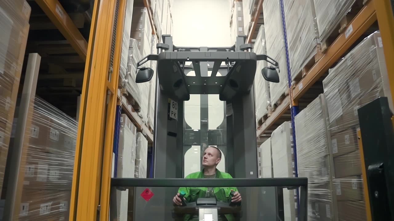 詳情圖-倉庫鏟車男工。裝載機(jī)從貨架上卸下貨物。物流概念、電梯