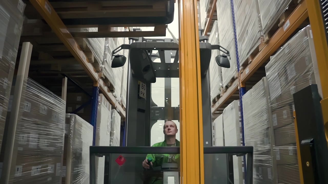詳情圖-倉庫鏟車男工。裝載機(jī)從貨架上卸下貨物。物流概念、電梯