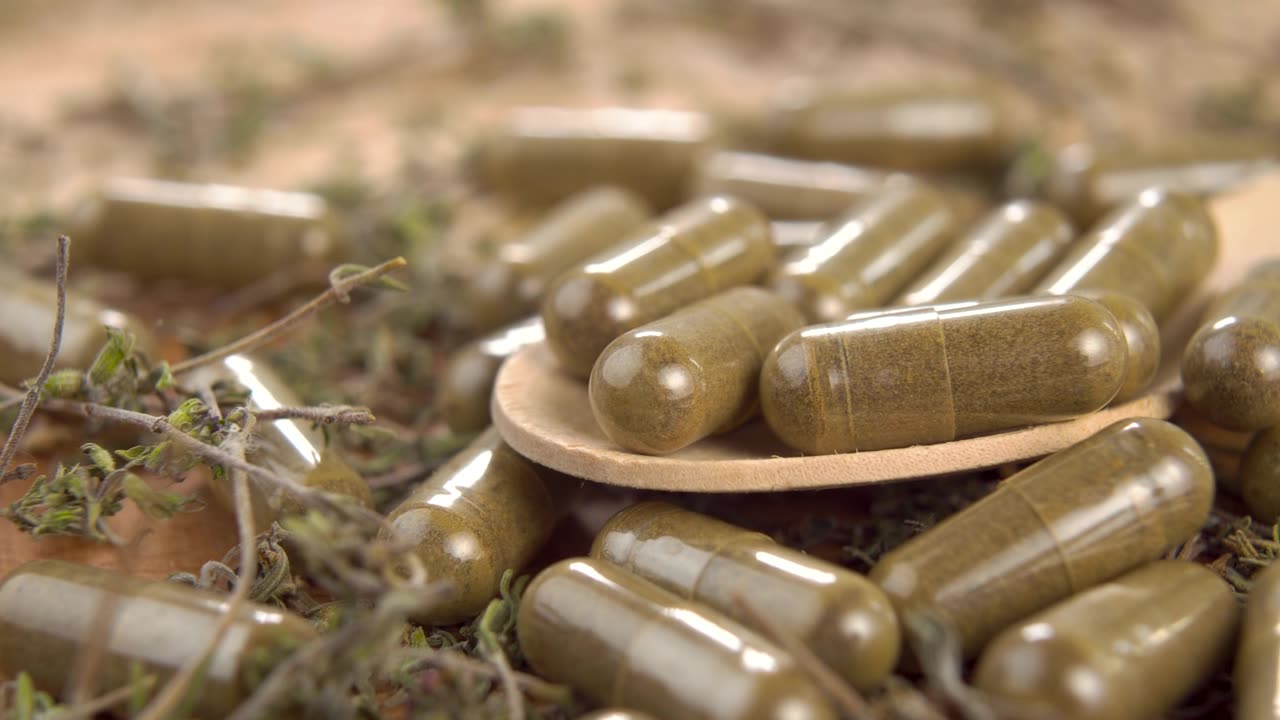 詳情圖-用木勺裝在木面上的藥用膠囊