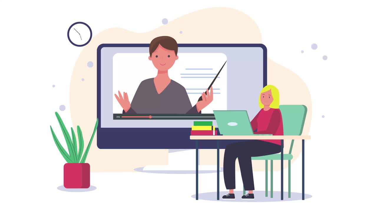 E-learning，在家在线教育，在家上学，4K分辨率在线学习动画视频教育理念。笔记本电脑、智能手机、电子书设备和在线课程。该视频为循环视频。