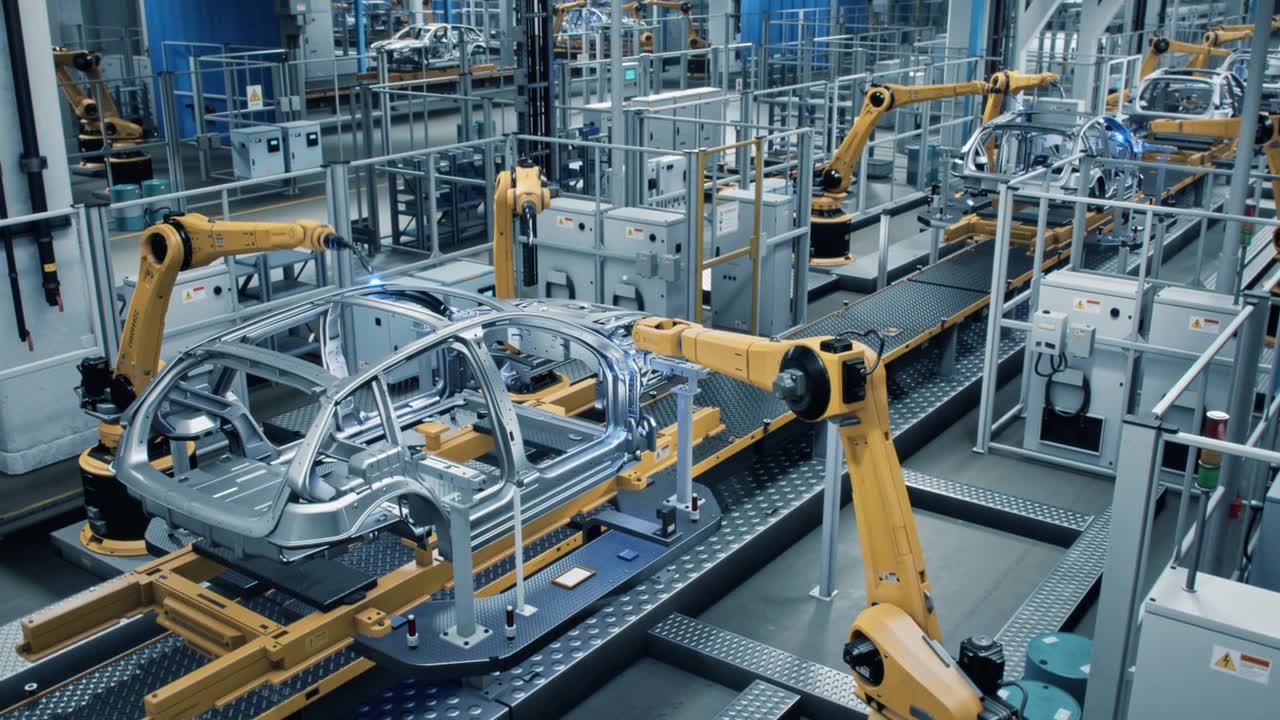 詳情圖-汽車工廠3D概念:自動化機器人手臂裝配線制造高科技綠色能源電動汽車。建筑，建筑，焊接工業(yè)生產(chǎn)輸送機。高架廣角鏡頭