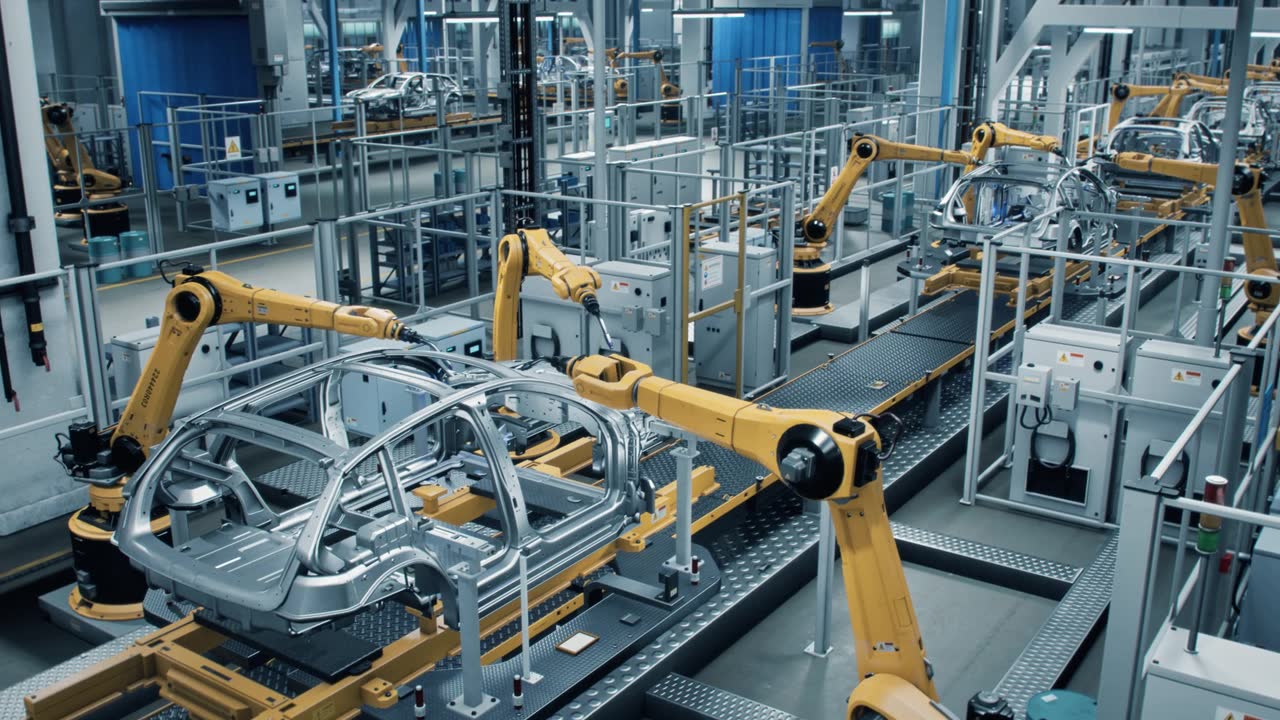 詳情圖-汽車工廠3D概念:自動化機器人手臂裝配線制造高科技綠色能源電動汽車。建筑，建筑，焊接工業(yè)生產(chǎn)輸送機。高架廣角鏡頭