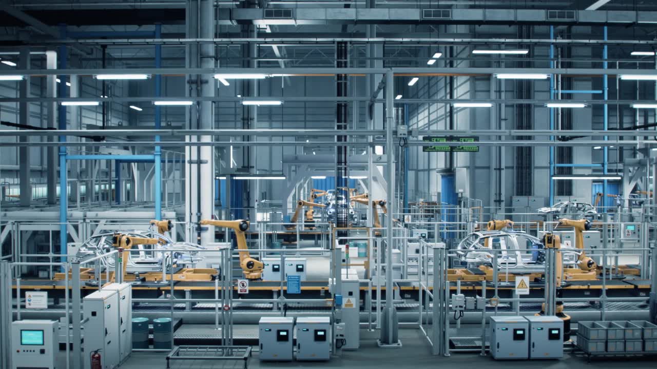 詳情圖-汽車工廠3D概念:自動(dòng)化機(jī)器人手臂裝配線制造高科技綠色能源電動(dòng)汽車。自動(dòng)化施工，建筑，焊接工業(yè)生產(chǎn)輸送機(jī)。側(cè)視圖
