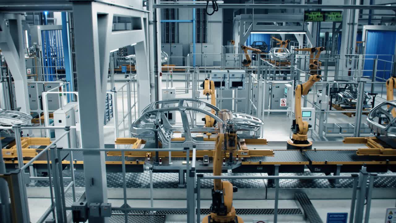 汽車工廠3D概念:自動(dòng)化機(jī)器人手臂裝配線制造高科技綠色能源電動(dòng)汽車。自動(dòng)化施工，建筑，焊接工業(yè)生產(chǎn)輸送機(jī)。側(cè)視圖