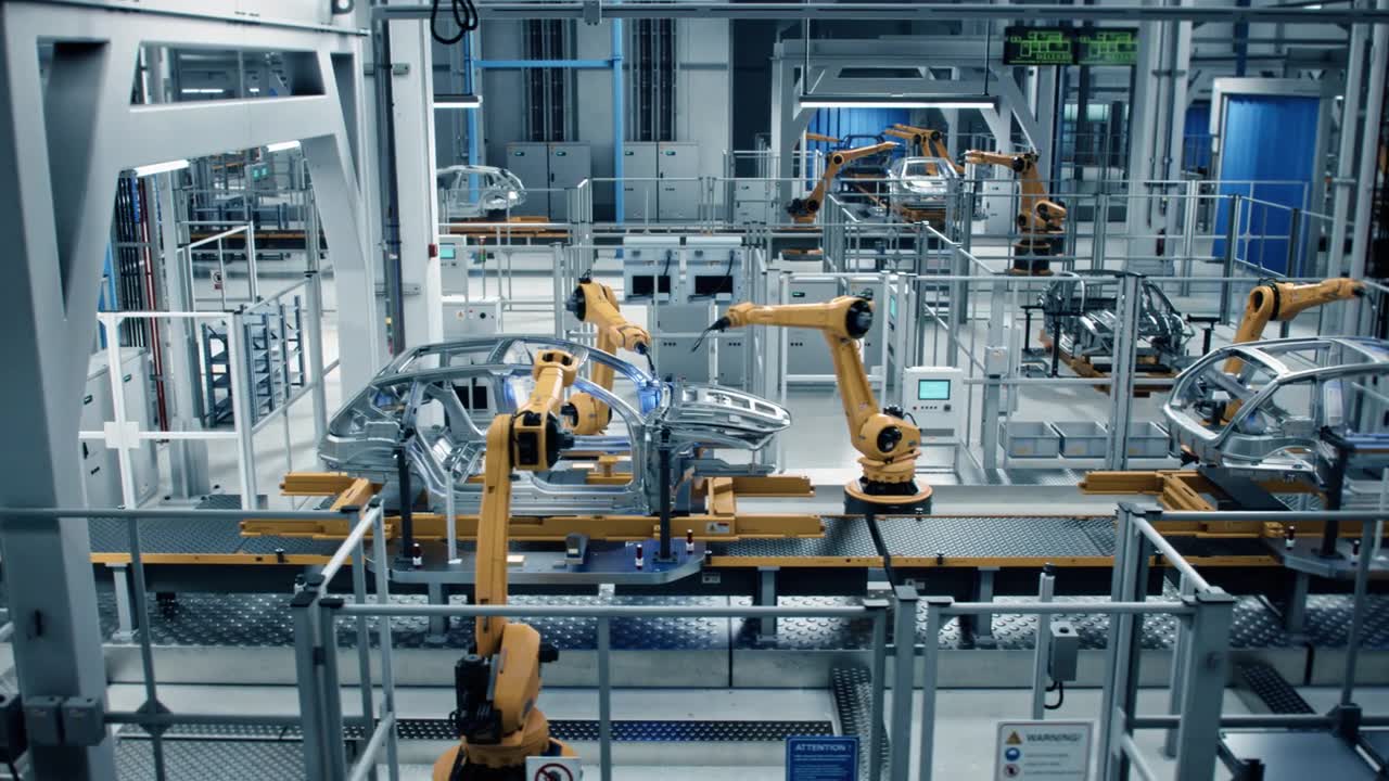 詳情圖-汽車工廠3D概念:自動化機器人手臂裝配線制造高科技綠色能源電動汽車。自動化施工，建筑，焊接工業(yè)生產輸送機。側視圖