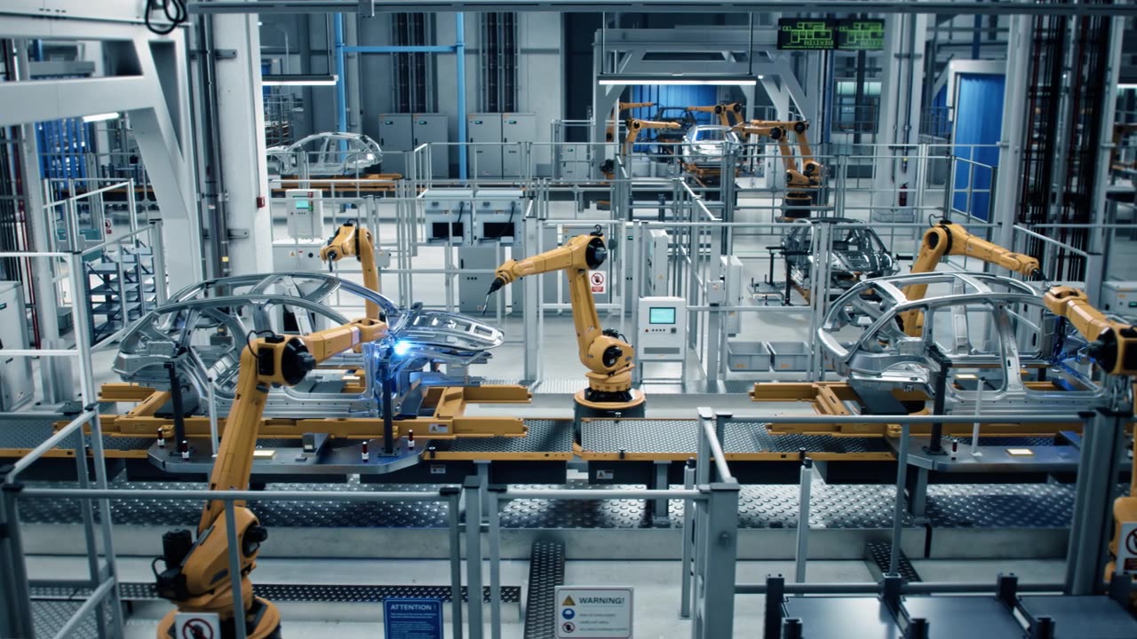 詳情圖-汽車工廠3D概念:自動化機器人手臂裝配線制造高科技綠色能源電動汽車。自動化施工，建筑，焊接工業(yè)生產輸送機。側視圖