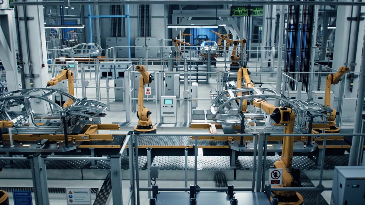 詳情圖-汽車工廠3D概念:自動化機器人手臂裝配線制造高科技綠色能源電動汽車。自動化施工，建筑，焊接工業(yè)生產輸送機。側視圖