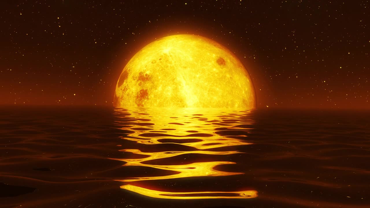 详情图-平静的海面上出现了超现实的满月。黄灯
