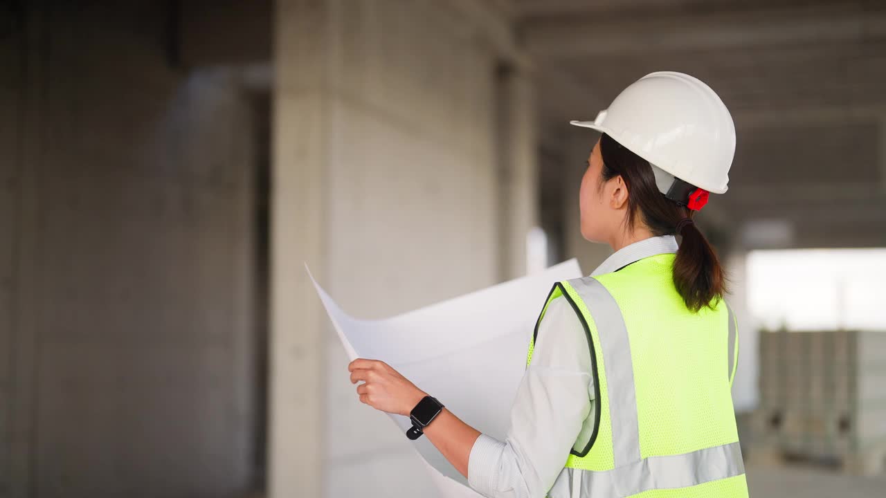 年轻的女工程师在建筑工地设计图纸