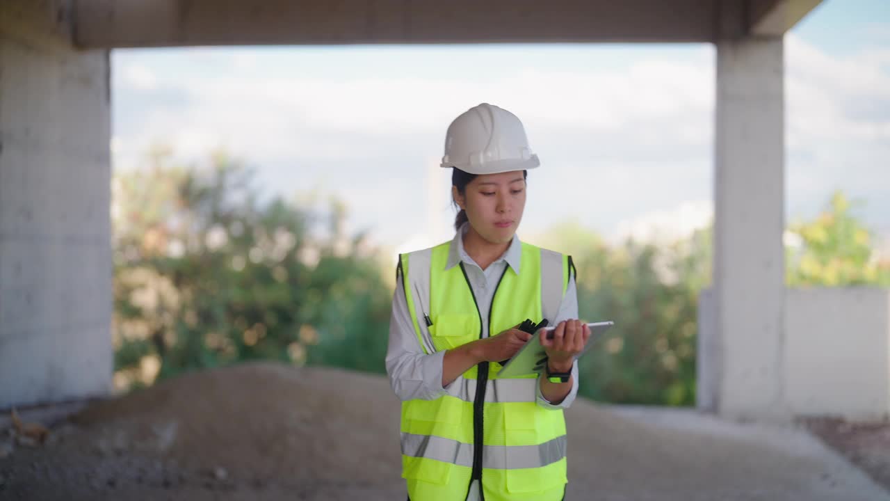 年轻的女工程师在工地上用对讲机