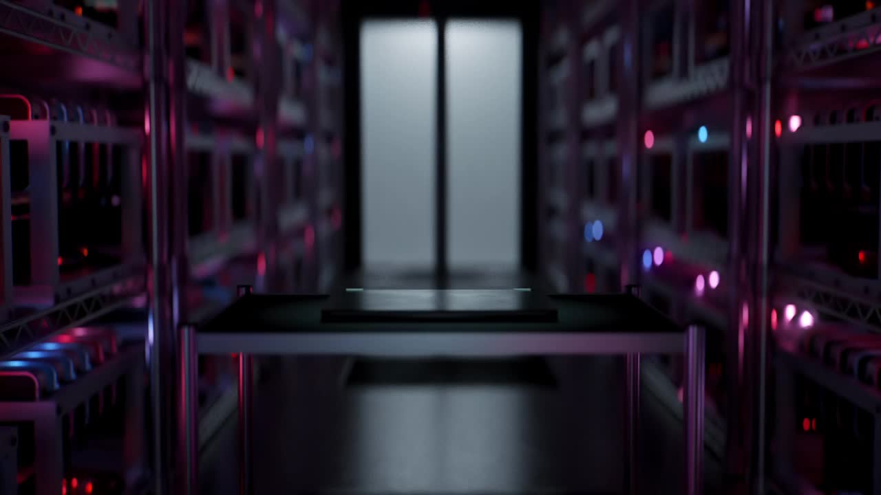 加密货币挖矿中心内的笔记本电脑-绿色屏幕