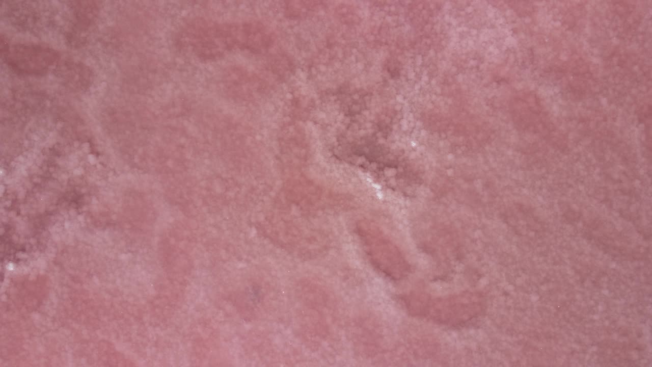 飞过一个粉红色的盐湖。盐业生产设施盐湖内的盐湖蒸发塘田。盐藻赋予矿石湖中红色、粉红色的水和干燥的结晶咸海岸