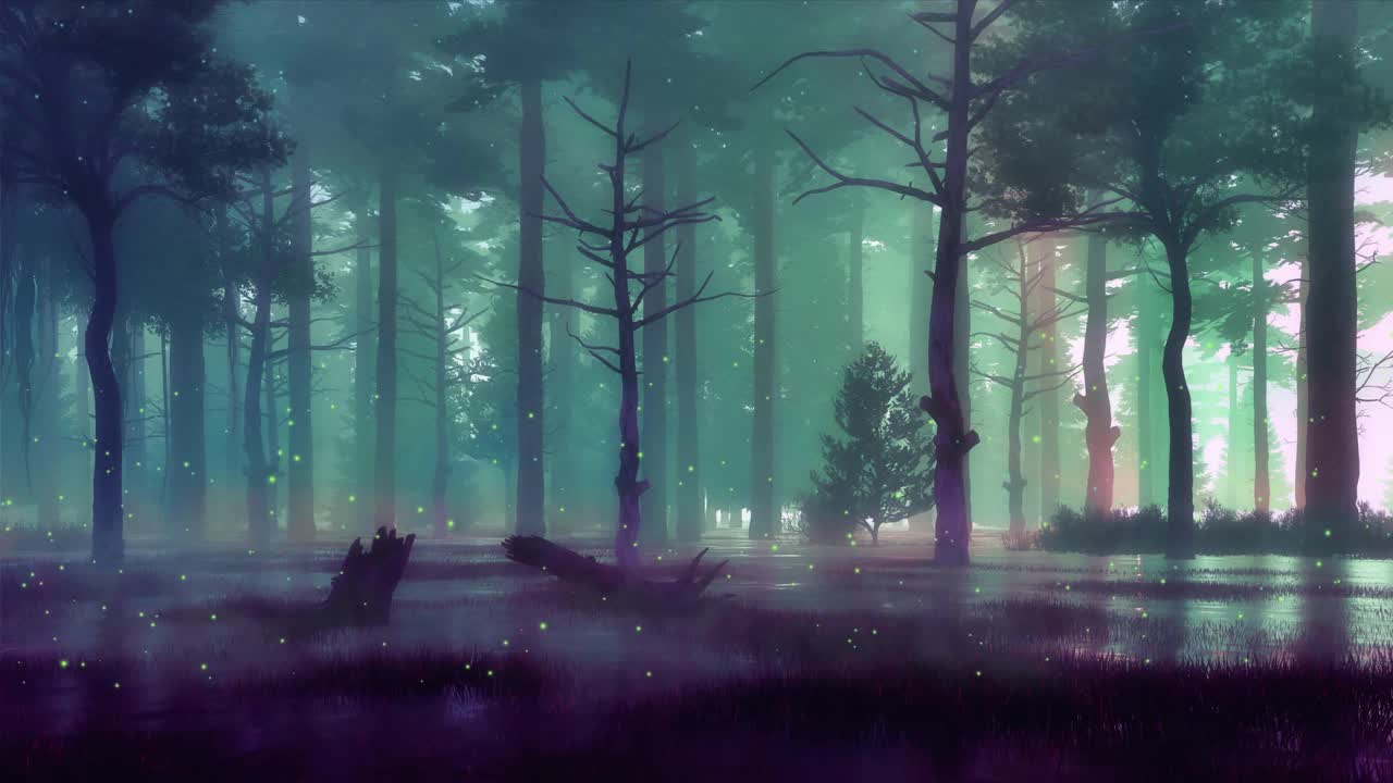 雾气迷蒙的夜晚森林，沼泽上方有神奇的灯光