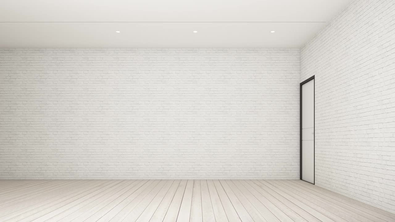 打造工业阁楼卧室室内设计，白色家具，床，沙发，工作台，电视柜，砖墙和混凝土地板3d渲染动画