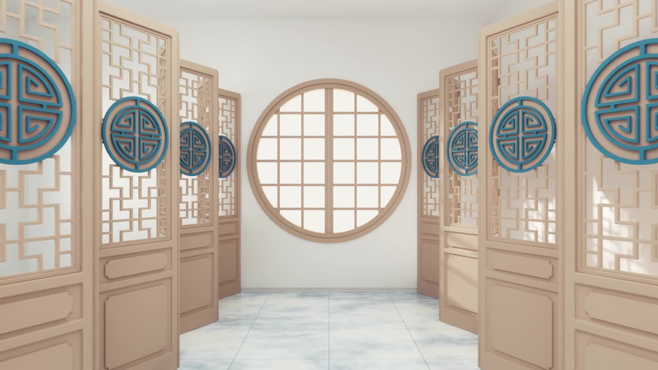 詳情圖-透過中式房間的窗戶，3d渲染。