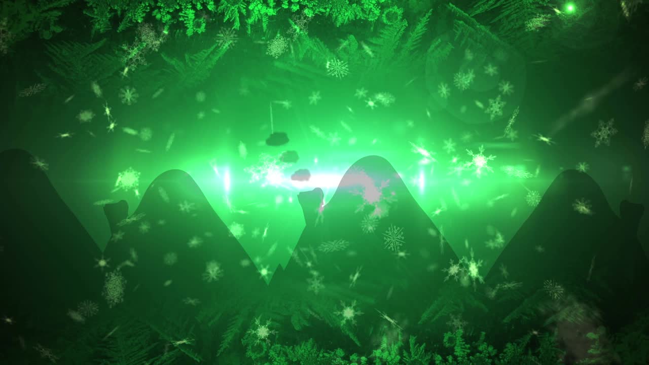 动画的圣诞节雪落在圣诞节小饰物上绿色的背景