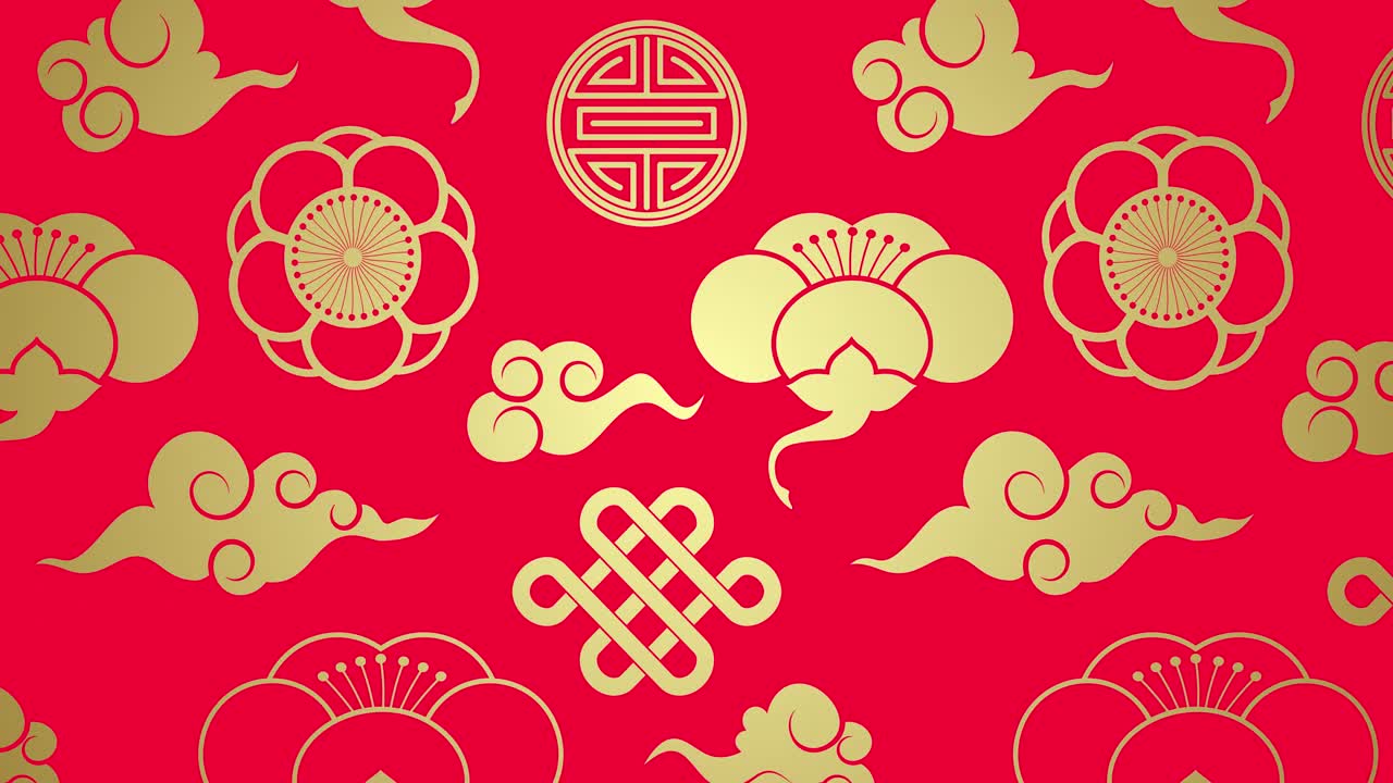 詳情圖-動(dòng)畫(huà)傳統(tǒng)的日本紋理。東方幾何金色圖案上的紅色。摘要無(wú)縫背景為中國(guó)新年。4K視頻卡從左到右或從上到下移動(dòng)
