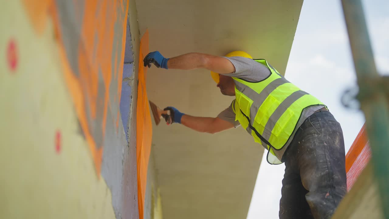 建筑工人在建筑外立面涂石膏