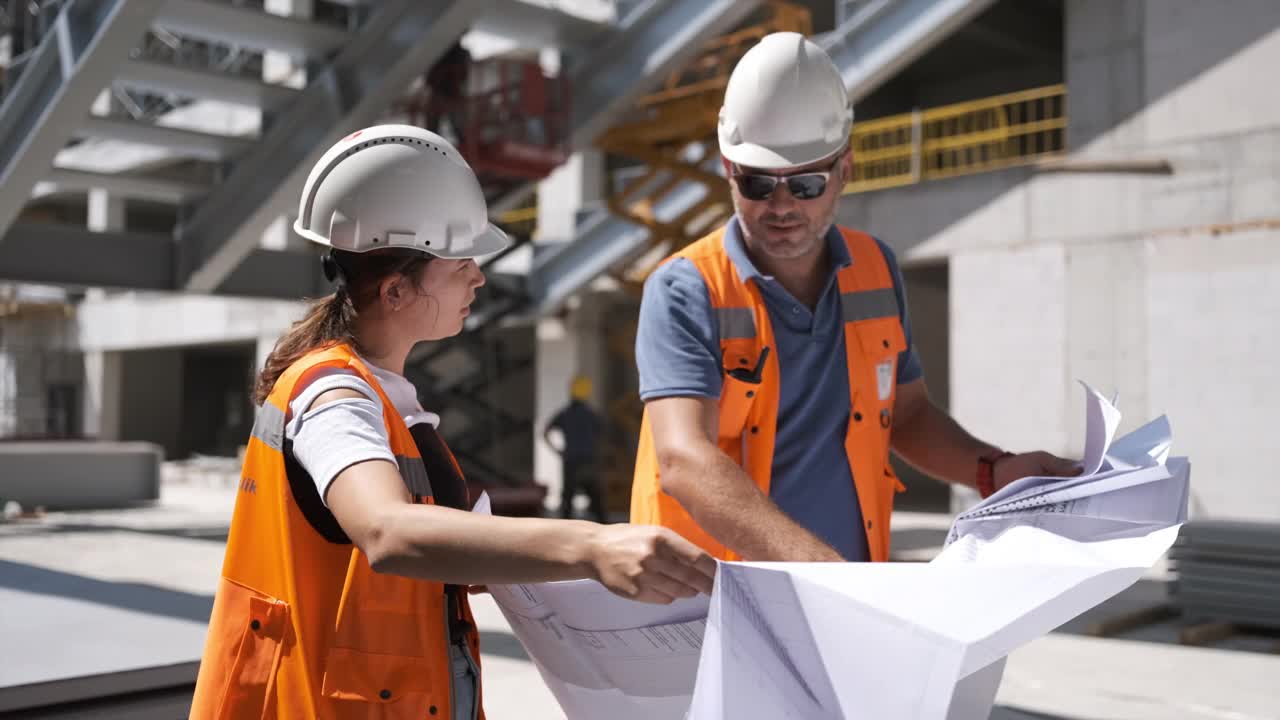 土木工程师和建筑师在施工现场根据蓝图图纸检查工程