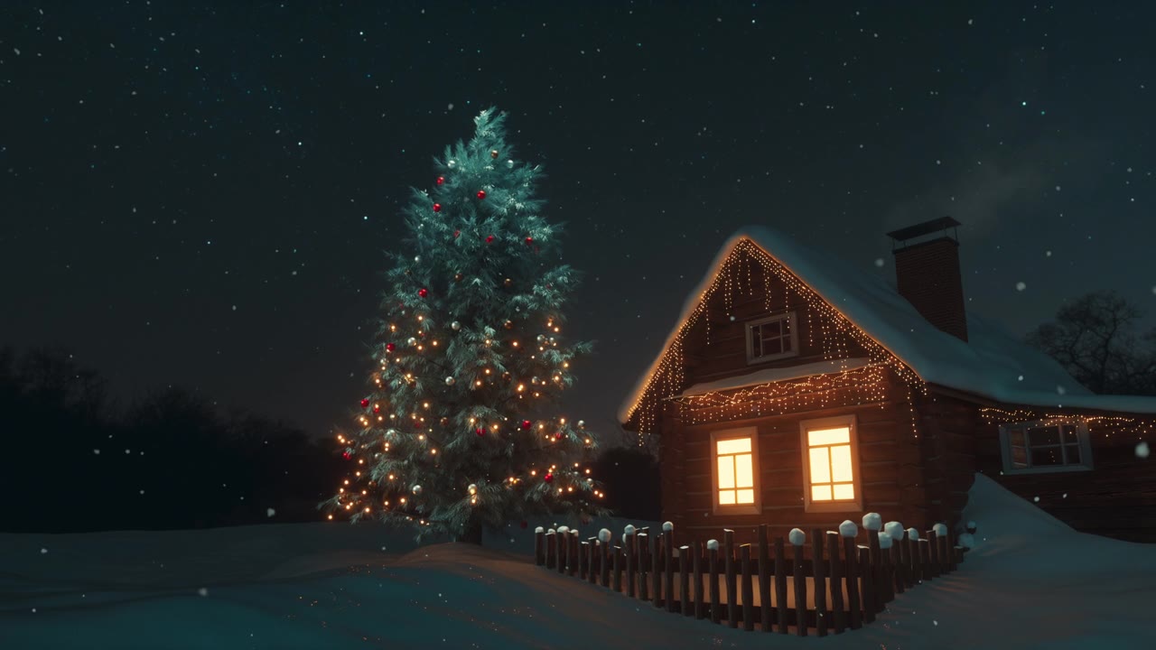 詳情圖-圣誕節(jié)完美的冬季童話景觀。圣誕老人的木屋被白雪覆蓋，旁邊是一棵用玩具和花環(huán)裝飾的巨大的神奇冷杉樹(shù)。