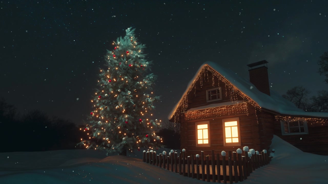 詳情圖-圣誕節(jié)完美的冬季童話景觀。圣誕老人的木屋被白雪覆蓋，旁邊是一棵用玩具和花環(huán)裝飾的巨大的神奇冷杉樹(shù)。