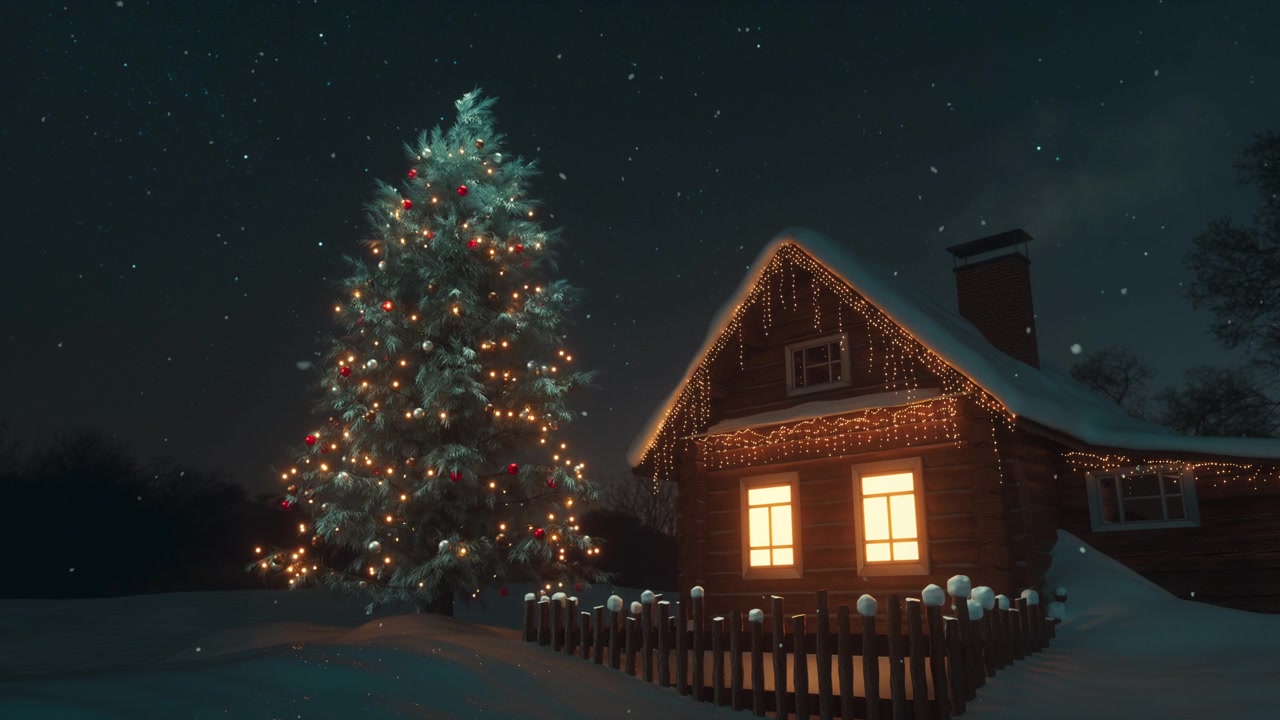 詳情圖-圣誕節(jié)完美的冬季童話景觀。圣誕老人的木屋被白雪覆蓋，旁邊是一棵用玩具和花環(huán)裝飾的巨大的神奇冷杉樹(shù)。