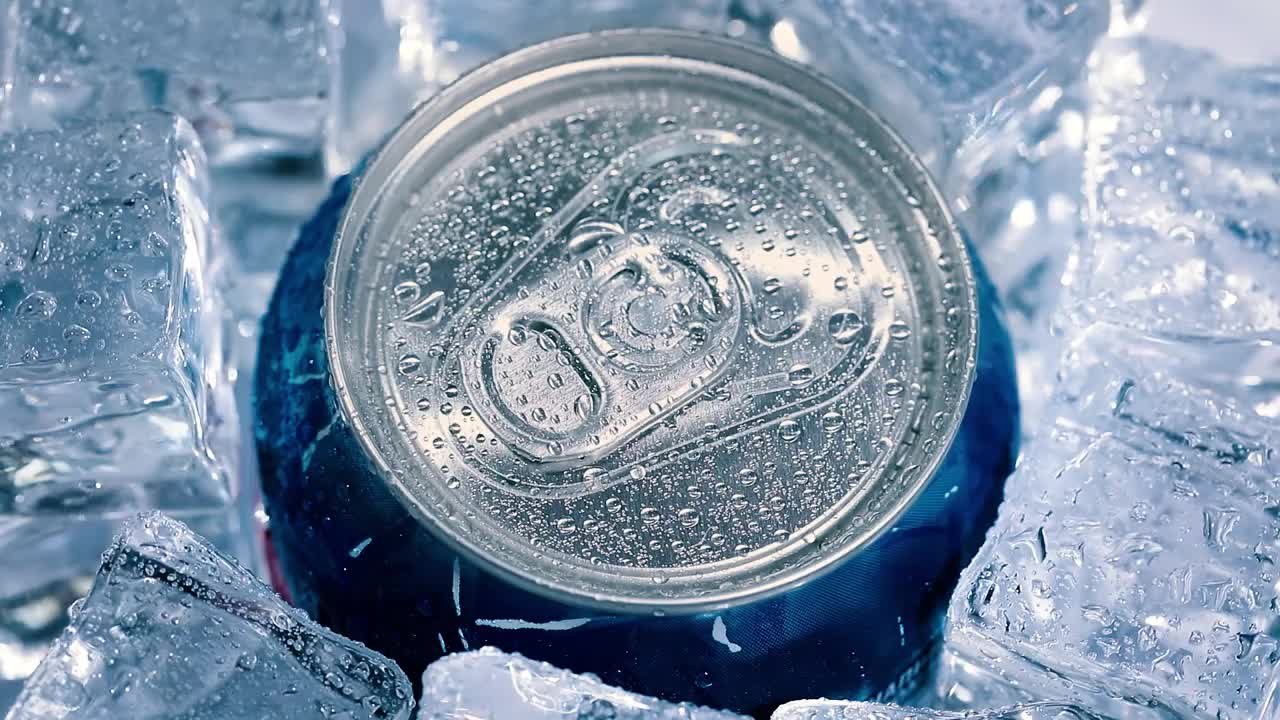 铝苏打锡罐盖软饮料的盖子上的冰绕了一圈。