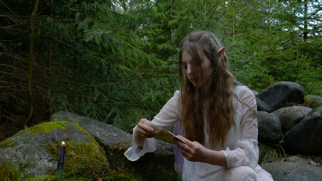 穿着白色连衣裙的精灵女孩在森林里烧掉一封信