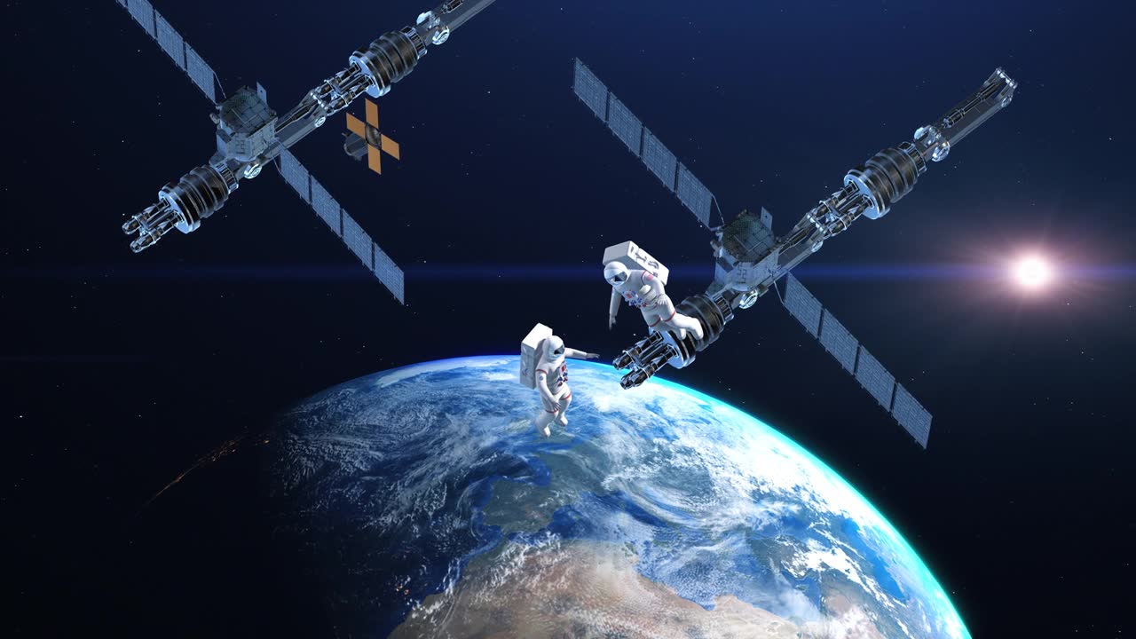 詳情圖-一組宇航員太空行走。地球是可見的。衛(wèi)星飛行。