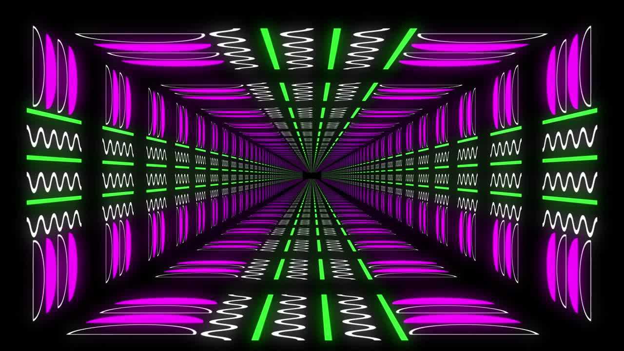 隧道移动内夹..辉光霓虹灯墙运动渲染视频。抽象创意迪斯科背景动画。粉红，绿线运动