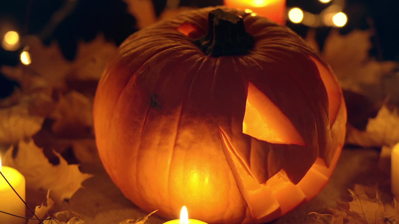 杰克O灯笼万圣节南瓜与蜡烛里面在黄色的叶子