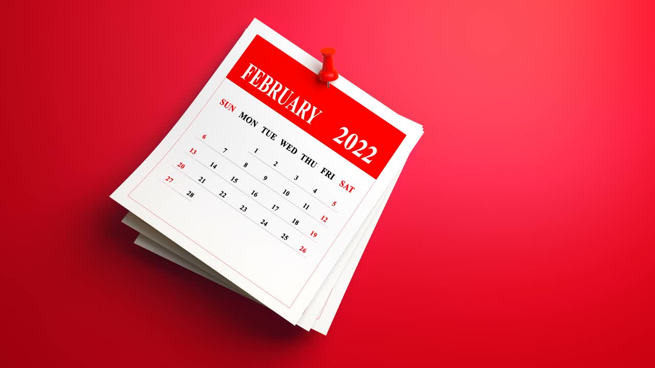 循环摇摆二月日历2022在红色背景