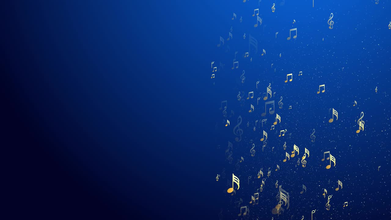 抽象音符和符号漂浮在空中，流蓝色音符运动循环背景。