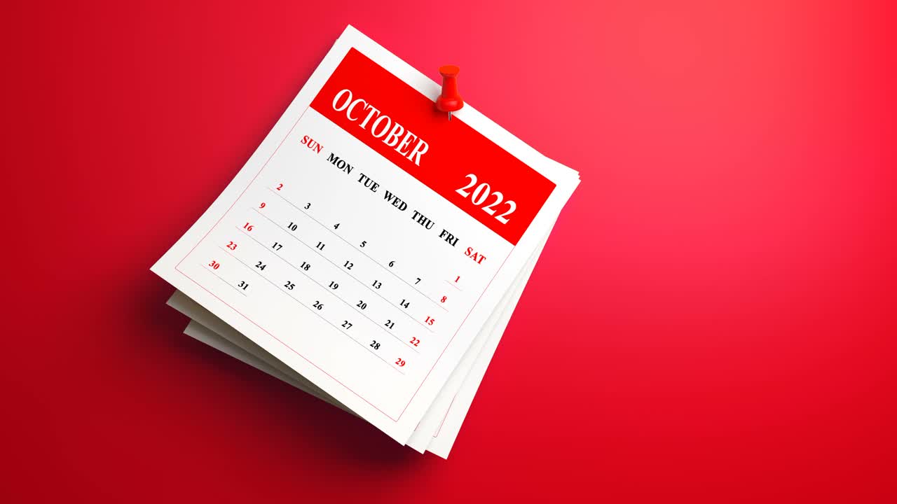 2022年10月日历，红色背景。循环视频